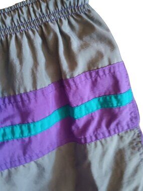 Small Vintage Swim Trunks Nylon Purple & Teal Stripes Colorblock Surf Odyssey